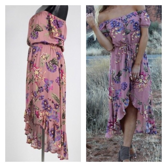 Pink Floral Off Shoulder High Low Dress - Picture 4 of 4
